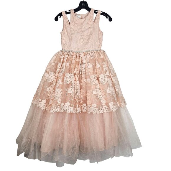 Badgley Mischka Blush Lace & Tulle Girls Dress Rhinestone Waistband Size 8 NWT